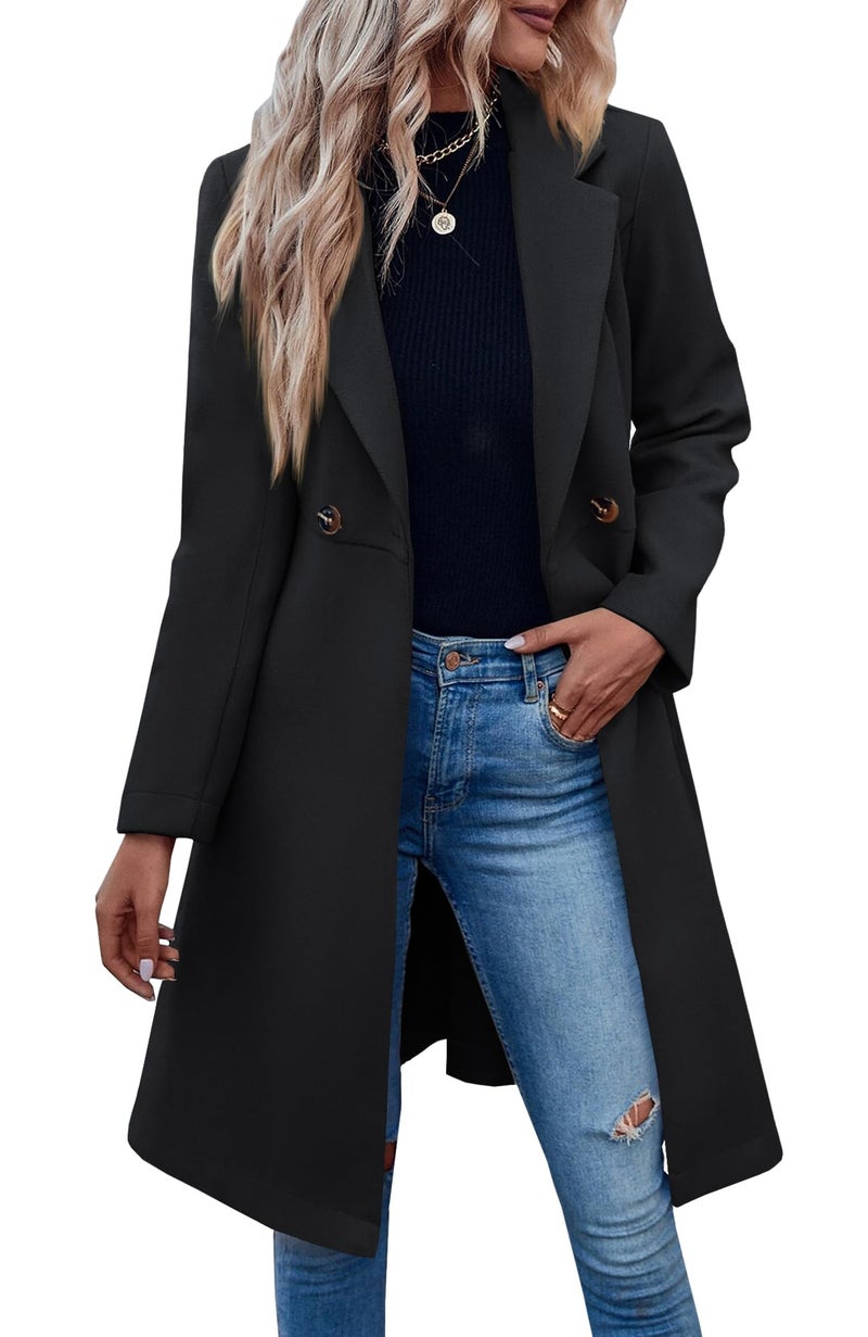 Fazortev Womens Pea Trench Coats Notched Lapel Double Breasted Belted Business Casual Jackets Outerwear - Image 1