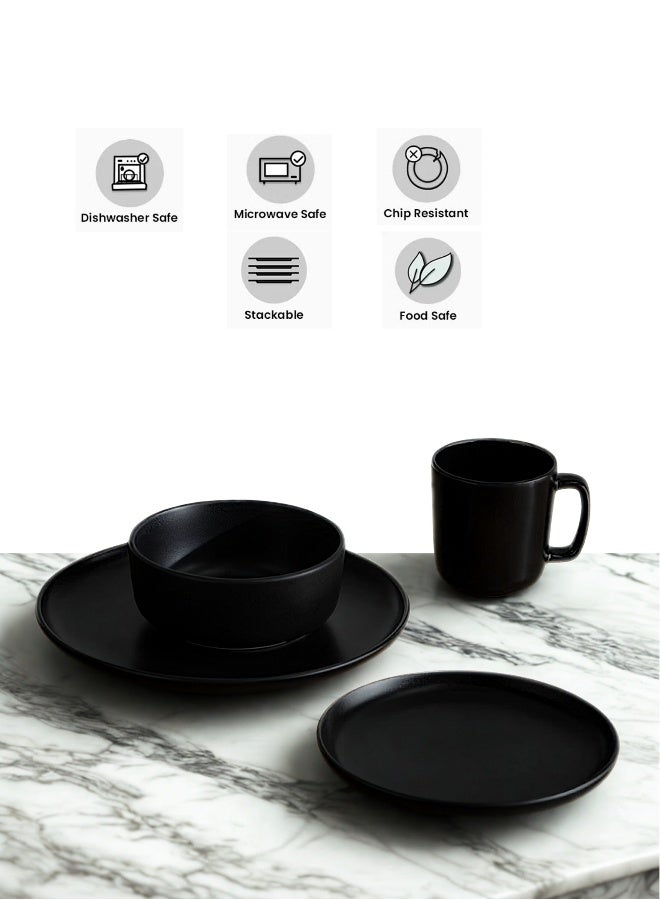 Feelings Premium Black Stoneware Dinner Set with Modern Finish – 16-Piece Collection Featuring 10.5″ Dinner Plates,  8″ Side Plates And  6″ Bowls & 14oz Mugs | Microwave & Dishwasher Safe | Everyday Dining Essential for Home & Kitchen - Image 4