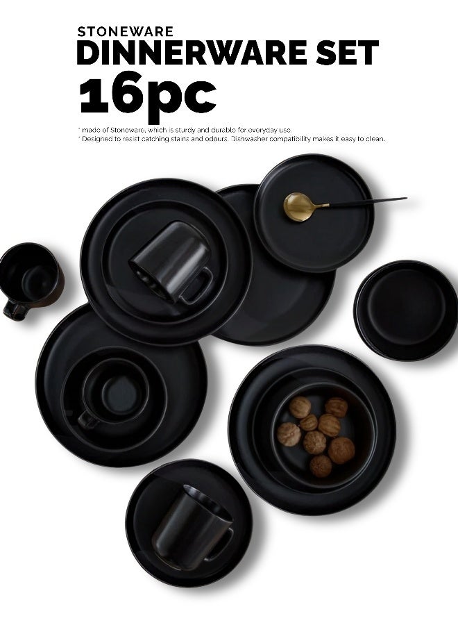 Feelings Premium Black Stoneware Dinner Set with Modern Finish – 16-Piece Collection Featuring 10.5″ Dinner Plates,  8″ Side Plates And  6″ Bowls & 14oz Mugs | Microwave & Dishwasher Safe | Everyday Dining Essential for Home & Kitchen - Image 5