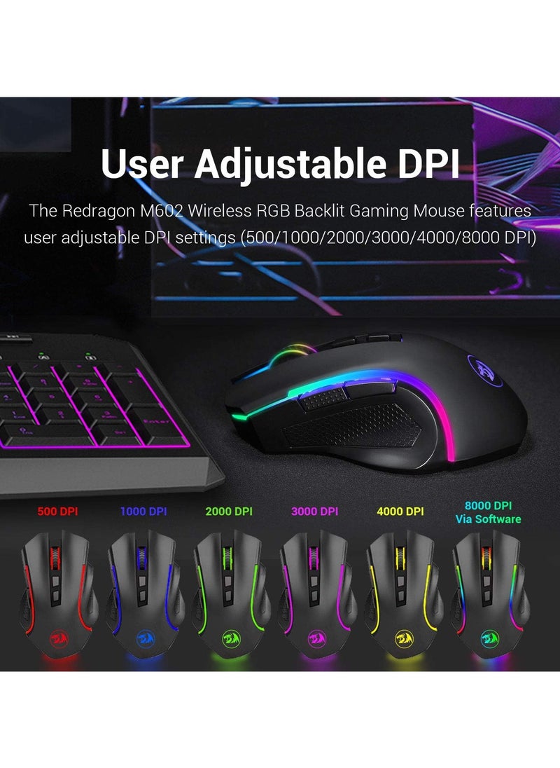 REDRAGON - Redragon M602 Griffin RGB Gaming Mouse, RGB Spectrum Backlit Ergonomic Mouse with 7 Programmable Backlight Modes up to 7200 DPI for Windows PC Gamers (Black, Wireless) - Image 1