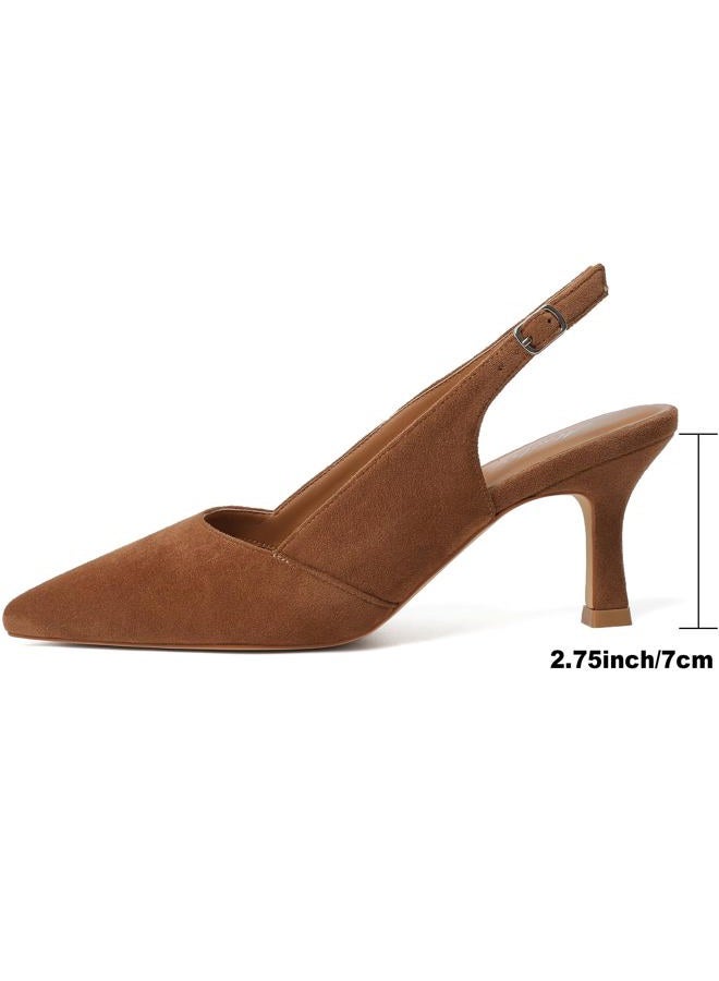 Mostrin Kitten Heels for Women Slingback Pointed Closed Toe Heels Women's Pumps Shoes for Wedding, Party, Commuting, Brown Suede, 7.5 - Image 2