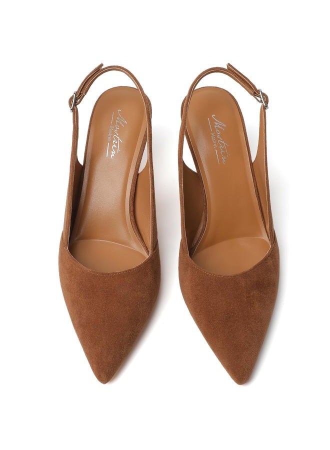 Mostrin Kitten Heels for Women Slingback Pointed Closed Toe Heels Women's Pumps Shoes for Wedding, Party, Commuting, Brown Suede, 7.5 - Image 5