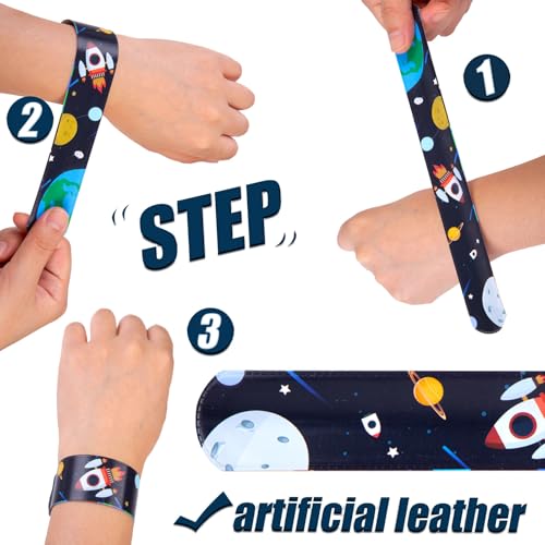 MCPINKY Slap Bracelets, 48PCS Kids Slap Wristbands with UFO Astronaut Space Stars Pattern Snap Bracelets for Party Favor New Year Gifts School Classroom Prize Exchange - Image 3