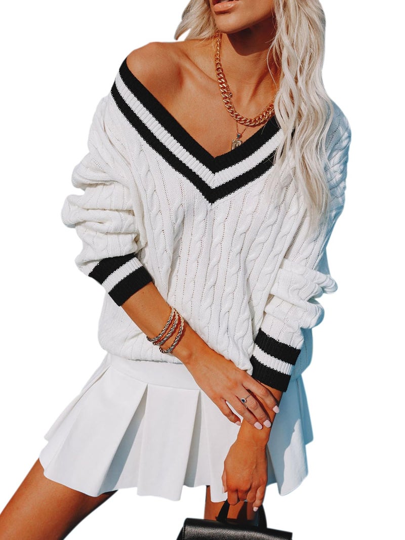 Aoudery Womens V Neck Oversized Sweaters Long Sleeve Cable Knit Pullover Striped Chunky Sweater Casual Tennis Tunic Tops - All White XL - Image 1