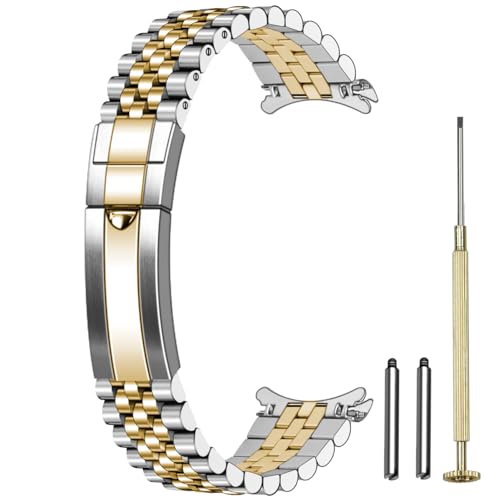 Juntan Screw-in Stainless Steel Watch Band 20mm 22mm for Men Women, Classic Curved End Metal Watch Bands Strap with Oyster Buckle, No Gap Taperd Replacement Bracelet Silver Gold - Image 1
