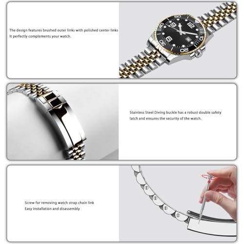 Juntan Screw-in Stainless Steel Watch Band 20mm 22mm for Men Women, Classic Curved End Metal Watch Bands Strap with Oyster Buckle, No Gap Taperd Replacement Bracelet Silver Gold - Image 5