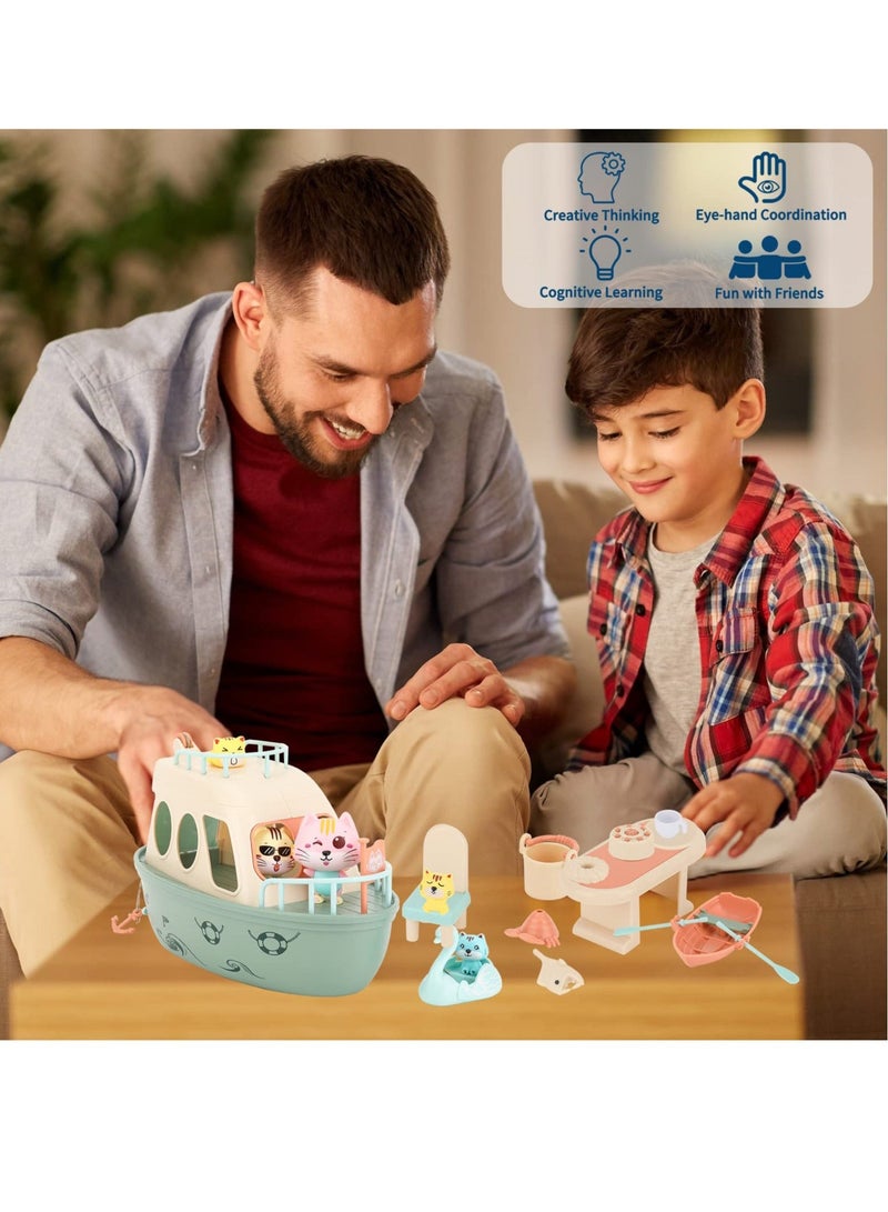 Toddler Pet Pretend Play Set Boat Baby Toy, Cat Toy for Girls and Boys, , 31Pcs Sailing Kitten Figurines, Kids Gifts 3 4 5 6 7 8 9 STEM Educational Interactive Birthday Gift - Image 3