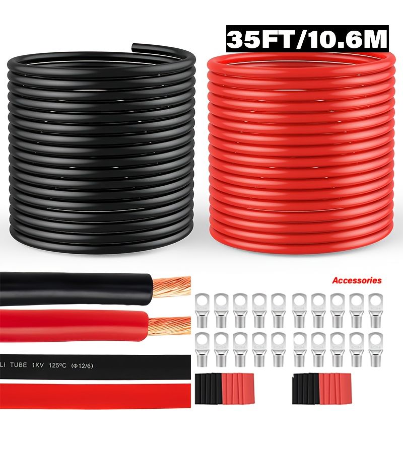 Agashe 12 AWG Battery Cable Kit 35FT 10.6M Red Black SC Copper Ring Terminals Tin Plated Copper Wire Suitable for Batteries Cars Solar Boats RVs Power Inverter Cable Kit - Image 1
