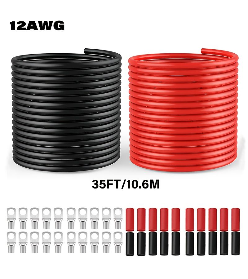 Agashe 12 AWG Battery Cable Kit 35FT 10.6M Red Black SC Copper Ring Terminals Tin Plated Copper Wire Suitable for Batteries Cars Solar Boats RVs Power Inverter Cable Kit - Image 2