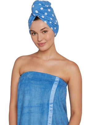 Turbie Twist Turbie Twist Cotton Hair Towel Wrap  Microfiber Bath Wrap for Beauty Travel Gifting  Luxurious Towel Set for Personal Care  For All Hair Types  Lengths  Blue Polka Dots 