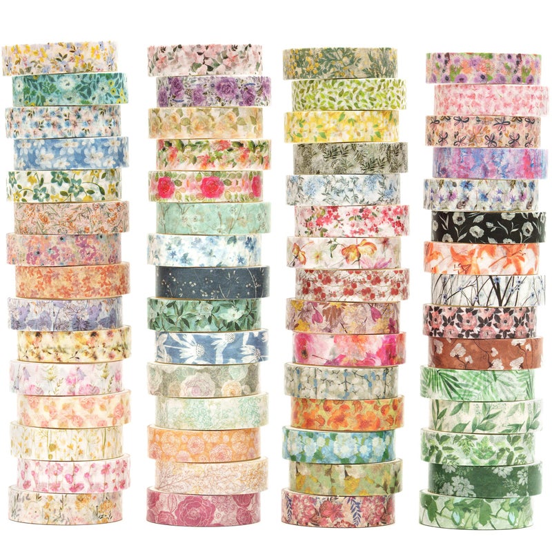 YUBX Flowers Washi Tape Set 60 Rolls Floral Patterns Decorative Skinny Blooms Masking Tapes for Arts, DIY Crafts, Journals, Planners, Scrapbook, Wrapping (Spring) - Image 1