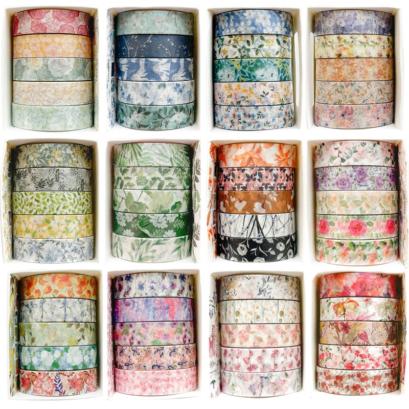 YUBX Flowers Washi Tape Set 60 Rolls Floral Patterns Decorative Skinny Blooms Masking Tapes for Arts, DIY Crafts, Journals, Planners, Scrapbook, Wrapping (Spring) - Image 2