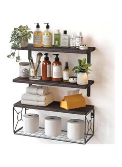 HOOKOR Durku Bathroom Shelves Over Toilet with Storage Basket, Floating Bathroom Wall Shelves for Home Organization & Wall Decor, Bathroom/Kitchen/Living Room Shelves,Natural Wood (Carbonized Brown)  - Image 1