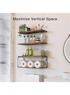 HOOKOR Durku Bathroom Shelves Over Toilet with Storage Basket, Floating Bathroom Wall Shelves for Home Organization & Wall Decor, Bathroom/Kitchen/Living Room Shelves,Natural Wood (Carbonized Brown)  - Image 2