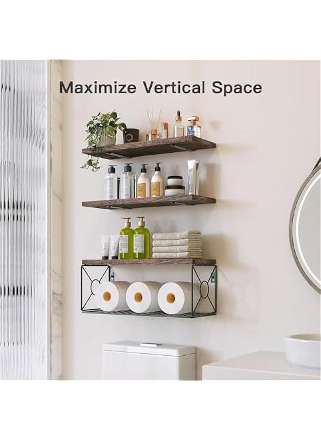 HOOKOR Durku Bathroom Shelves Over Toilet with Storage Basket, Floating Bathroom Wall Shelves for Home Organization & Wall Decor, Bathroom/Kitchen/Living Room Shelves,Natural Wood (Carbonized Brown)  - Image 2