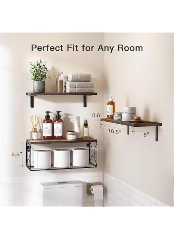 HOOKOR Durku Bathroom Shelves Over Toilet with Storage Basket, Floating Bathroom Wall Shelves for Home Organization & Wall Decor, Bathroom/Kitchen/Living Room Shelves,Natural Wood (Carbonized Brown)  - Image 3