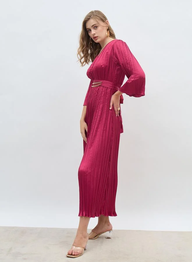 Styli Styli Solid 3/4 Sleeves Pleated A-line Maxi Dress with Belt