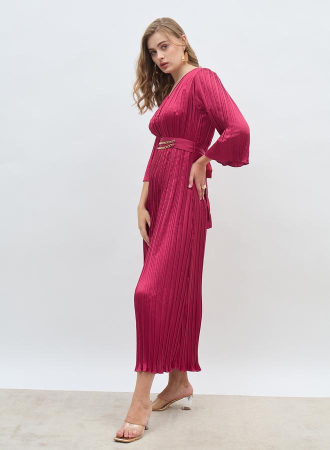 Styli Solid 3/4 Sleeves Pleated A-line Maxi Dress with Belt - Image 3