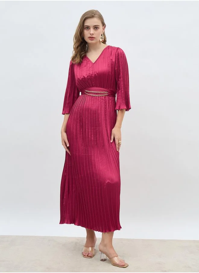 Styli Styli Solid 3/4 Sleeves Pleated A-line Maxi Dress with Belt