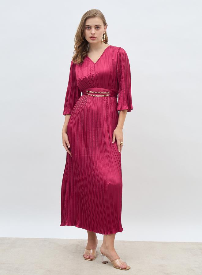 Styli Solid 3/4 Sleeves Pleated A-line Maxi Dress with Belt - Image 2