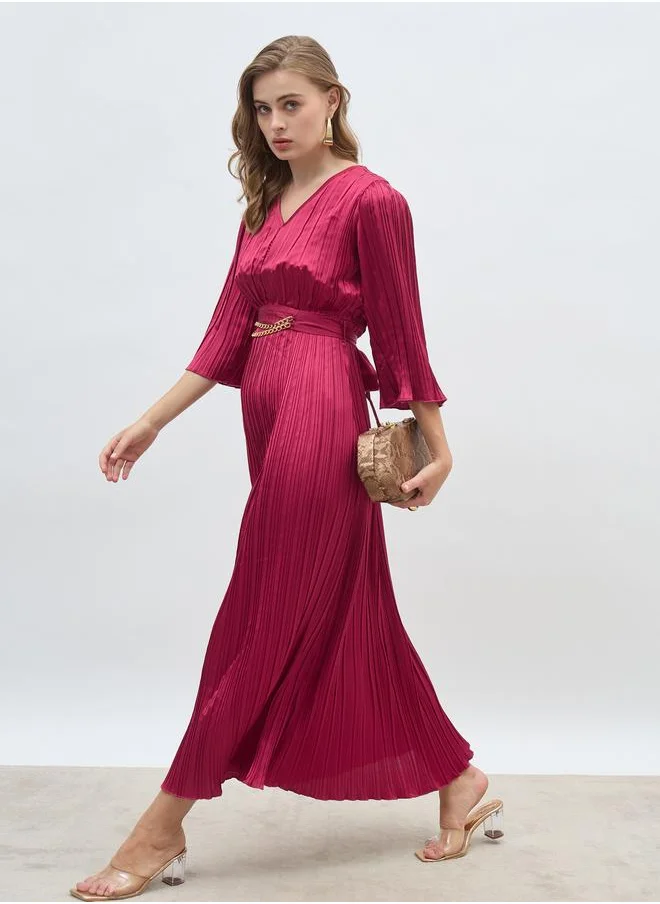 Styli Styli Solid 3/4 Sleeves Pleated A-line Maxi Dress with Belt