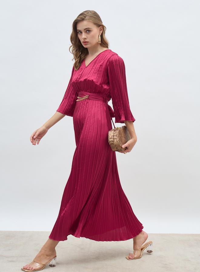 Styli Solid 3/4 Sleeves Pleated A-line Maxi Dress with Belt - Image 1