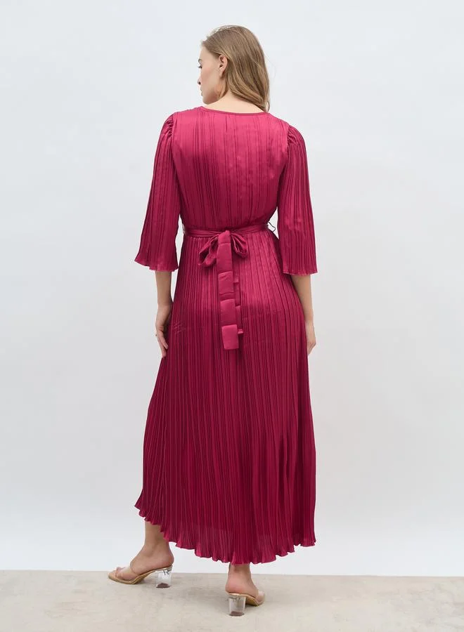 Styli Styli Solid 3/4 Sleeves Pleated A-line Maxi Dress with Belt
