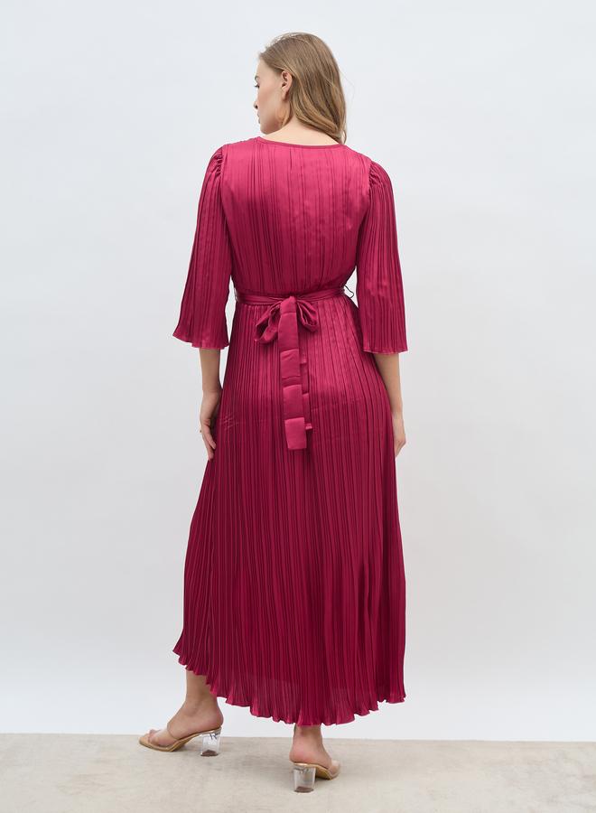 Styli Solid 3/4 Sleeves Pleated A-line Maxi Dress with Belt - Image 5