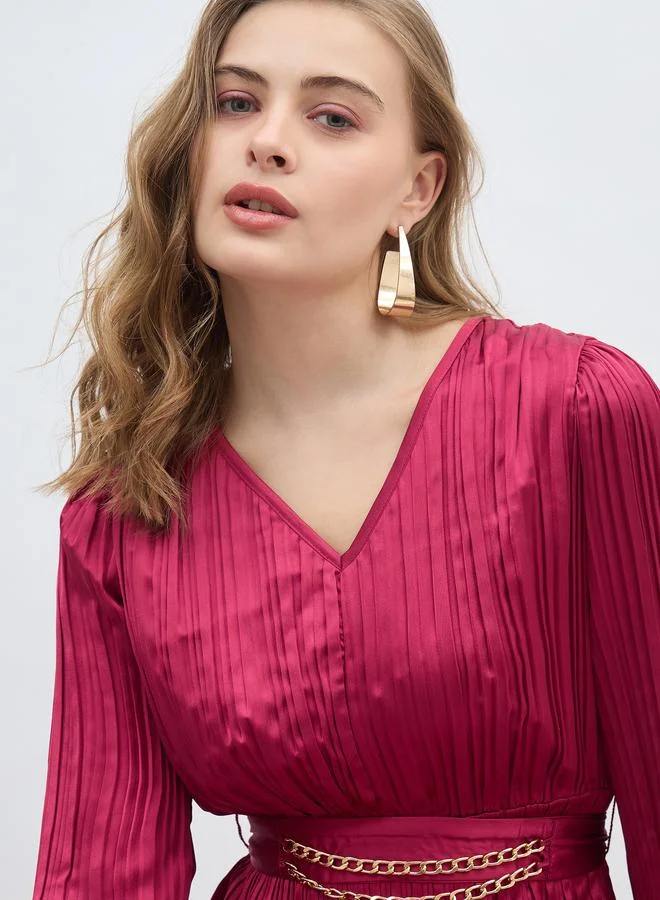 Styli Styli Solid 3/4 Sleeves Pleated A-line Maxi Dress with Belt