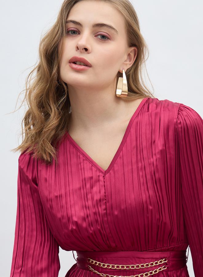 Styli Solid 3/4 Sleeves Pleated A-line Maxi Dress with Belt - Image 4