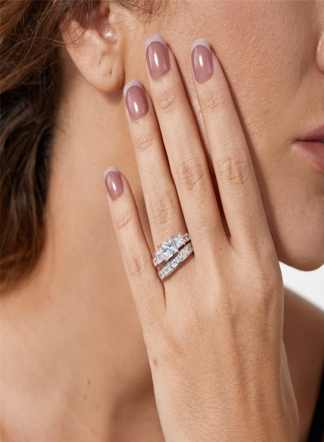 MABELLA Sterling Silver Ring for Women - 3 Stone CZ Princess Cut Engagement Ring - Cute Silver Wedding Ring Bands for Women - Bridal Womens Ring Set - Unique Gift for Her - 2 Pcs-Size 7 - Image 5