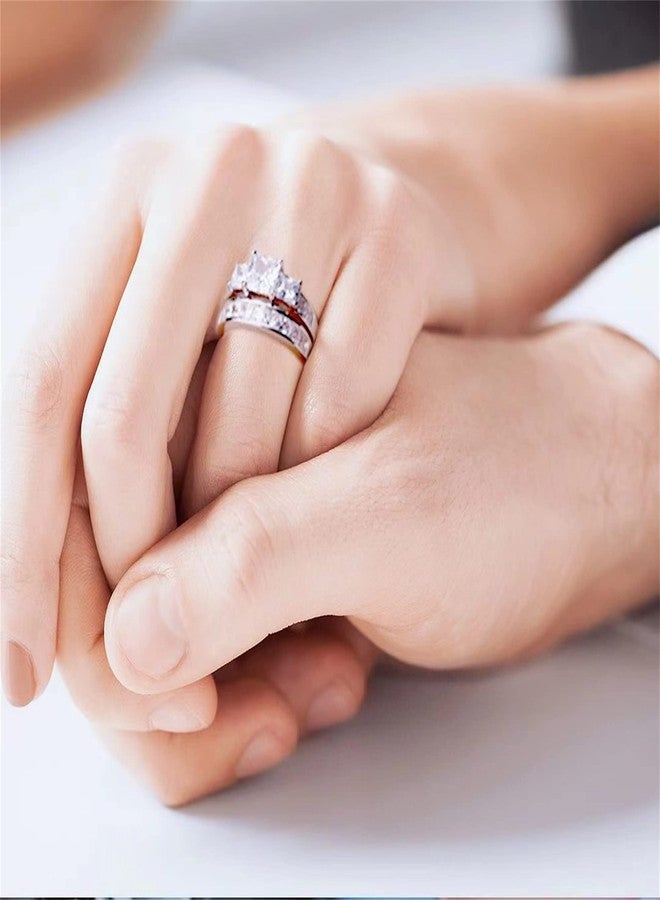 MABELLA Sterling Silver Ring for Women - 3 Stone CZ Princess Cut Engagement Ring - Cute Silver Wedding Ring Bands for Women - Bridal Womens Ring Set - Unique Gift for Her - 2 Pcs-Size 7 - Image 4