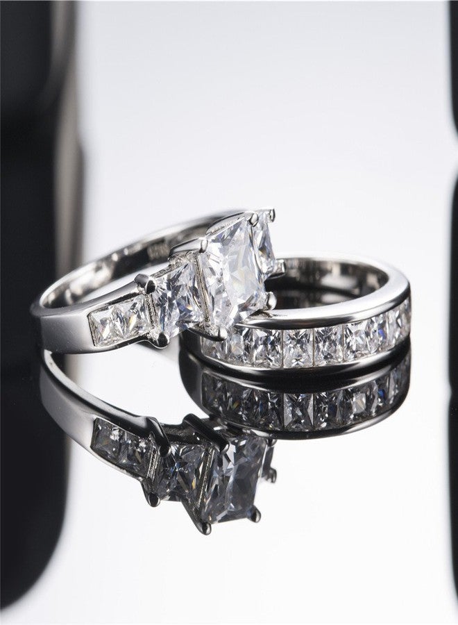 MABELLA Sterling Silver Ring for Women - 3 Stone CZ Princess Cut Engagement Ring - Cute Silver Wedding Ring Bands for Women - Bridal Womens Ring Set - Unique Gift for Her - 2 Pcs-Size 7 - Image 3