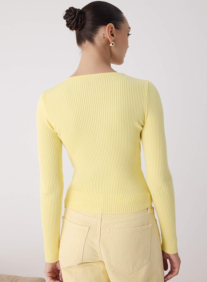trendyol Yellow Mercerized Look Ribbed Knitwear Cardigan - Image 4