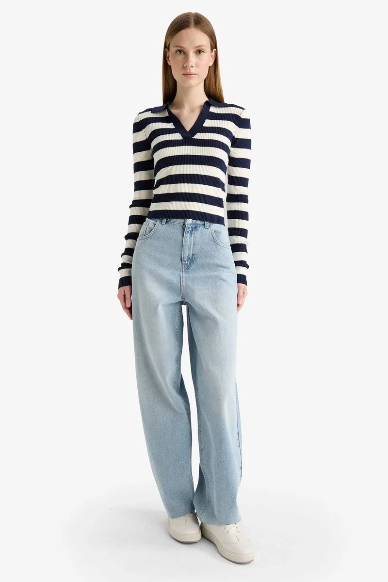 Defacto Slim Fit Polo Neck Striped Knit Pullover