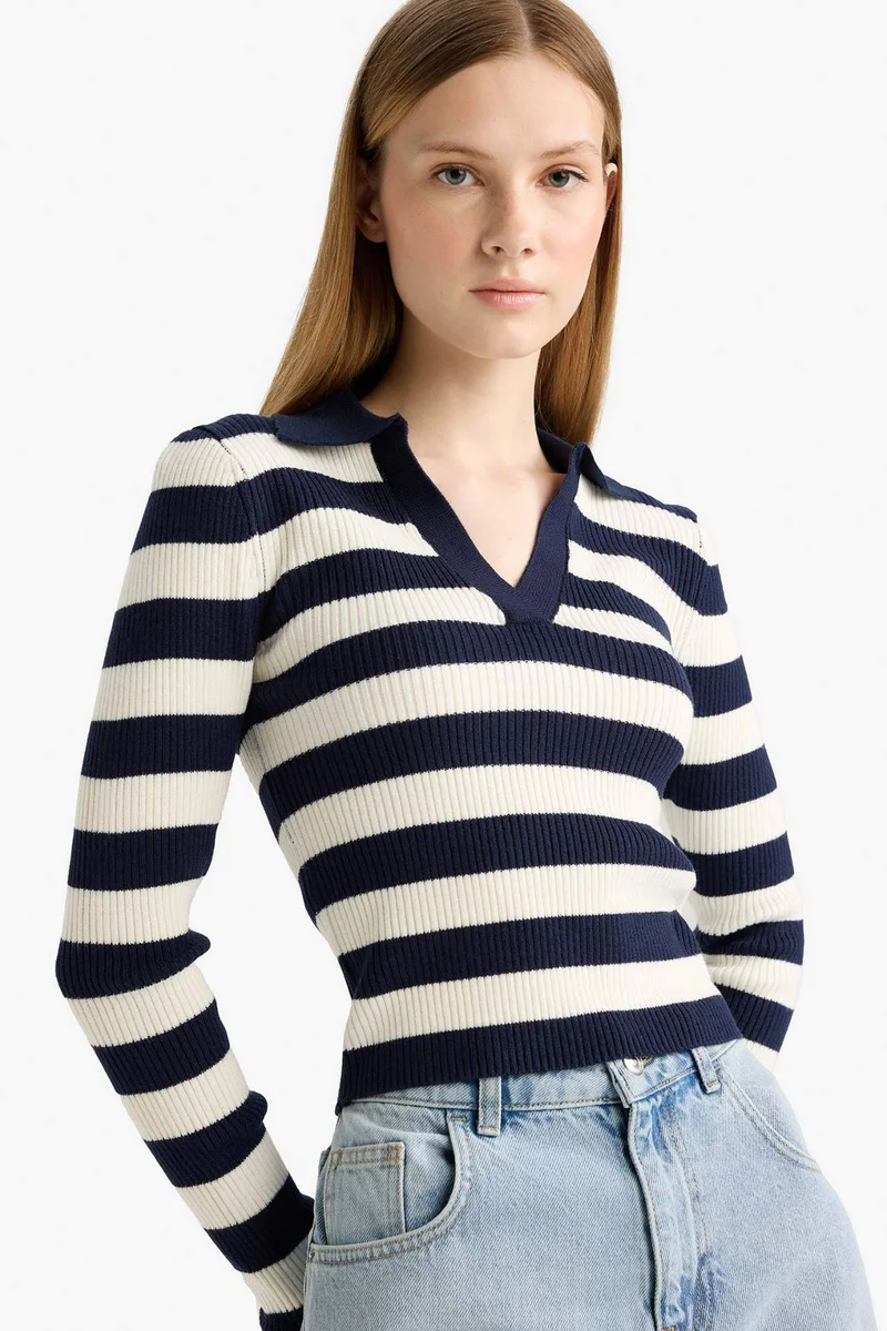 Defacto Slim Fit Polo Neck Striped Knit Pullover