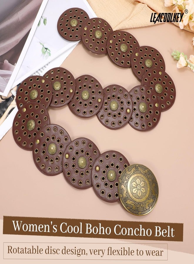 LEACOOLKEY Women's Boho Disc Belt Wide Western Leather Belt Vintage Concho Waist Belt for Dress Jeans - Image 2