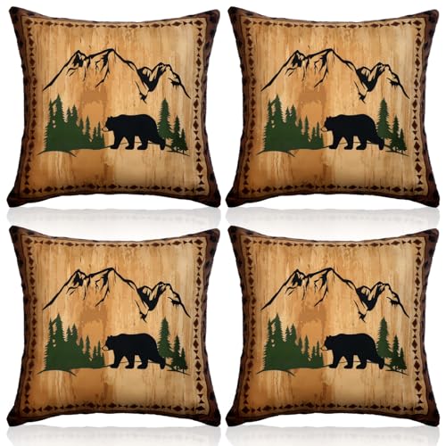 VitalCozy 4 Pcs Black Bear Decor Throw Pillow Covers Soft Black 18 Rustic Plaid Couch Pillow Covers Bear Graduation Gift Decor for Home Bedroom Cabin Wildlife Print Mountain for Farmhouse - Image 3