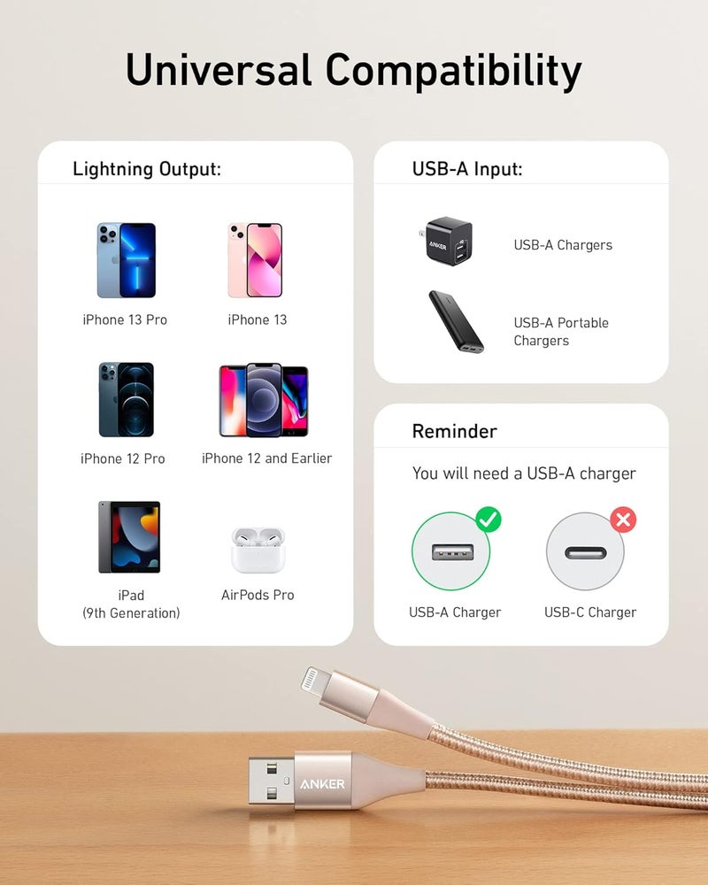 أنكر كابل Anker Powerline+ II Lightning (6 أقدام)، معتمد MFi لتوافق لا تشوبه شائبة مع iPhone X/8/8 Plus/7/7 Plus/6/6 Plus/5/5S والمزيد (ذهبي) - Image 5