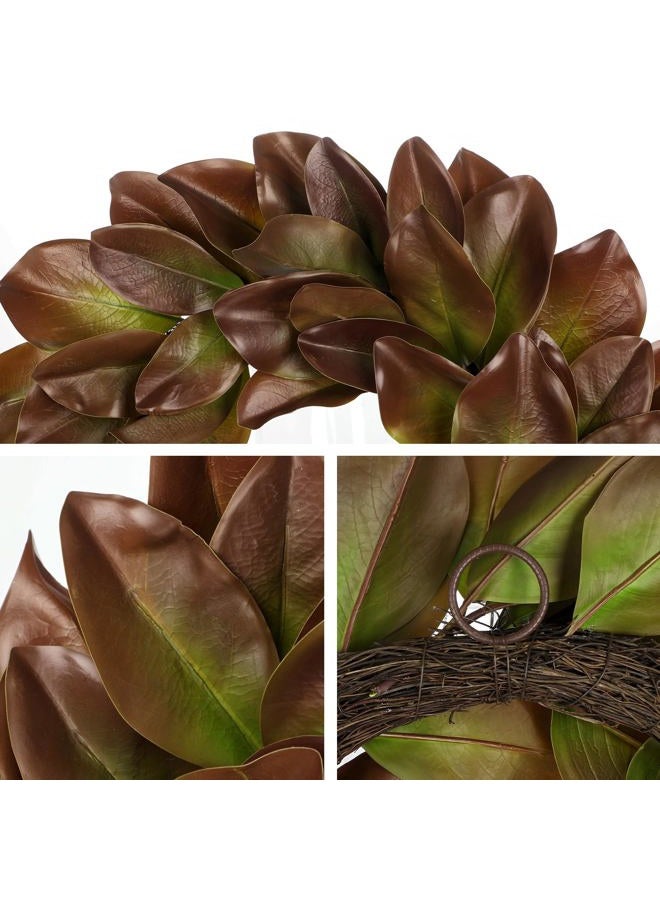 Briful 23in Faux Magnolia Leaf Wreath for Front Door, All Season Greenery Wreaths Realistic Magnolia Wreath for Home Outdoor & Indoor Decor, Brown - Image 3