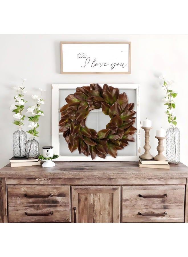 Briful 23in Faux Magnolia Leaf Wreath for Front Door, All Season Greenery Wreaths Realistic Magnolia Wreath for Home Outdoor & Indoor Decor, Brown - Image 4
