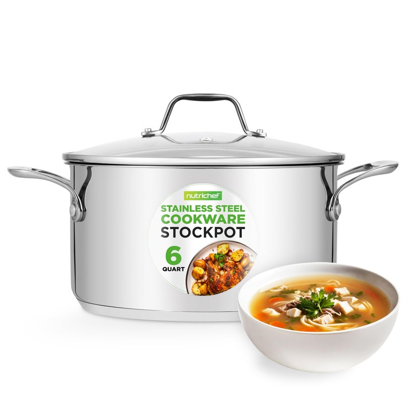 NutriChef 6Quart Stainless Steel Stockpot  188 Food Grade HeavyDuty InductionCompatible Pot with SeeThrough Lid Ideal for Stews Broths Simmering  Soups Dishwasher Safe  NCSP6