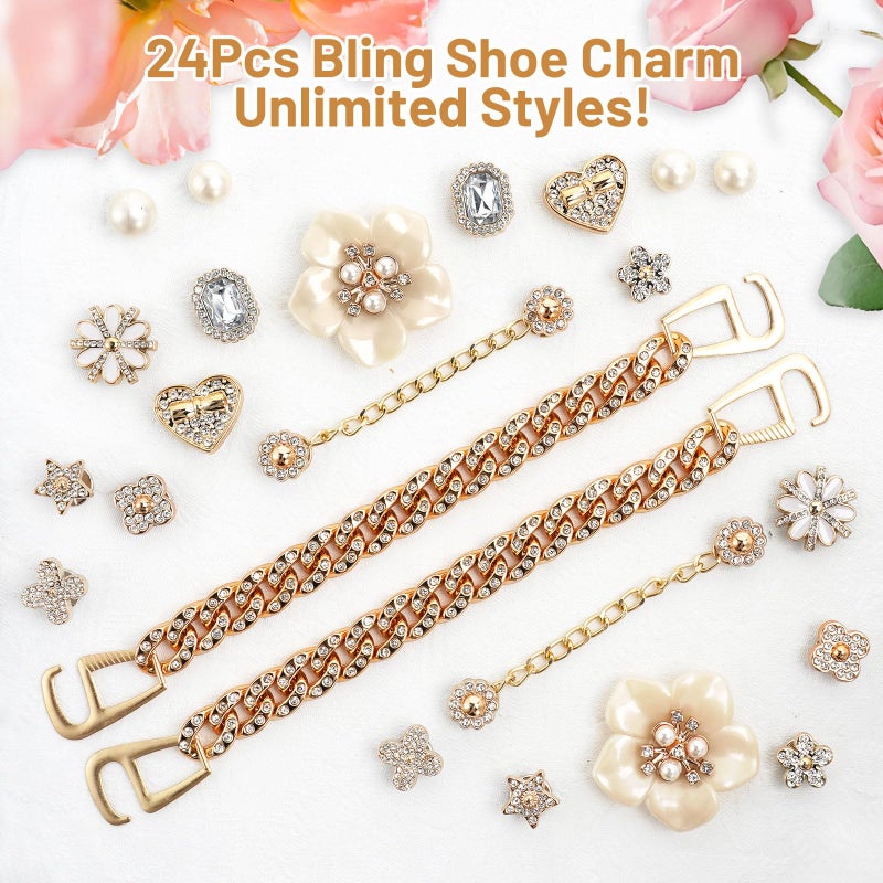 Lugailly 24 Pcs Bling Shoe Charms for Women, Flower Pearl Gold Clog Shoes Decoration Charms, Rhinestone Shoes Chain Accessories, Cute DIY Shoe Jewelry for Party Birthday Gifts for Her - Image 2