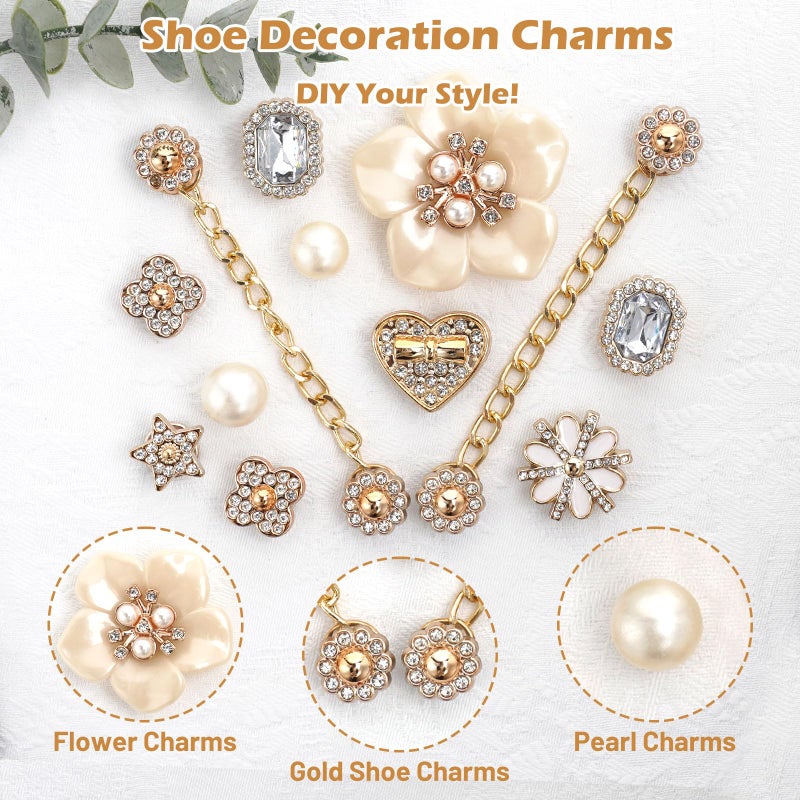 Lugailly 24 Pcs Bling Shoe Charms for Women, Flower Pearl Gold Clog Shoes Decoration Charms, Rhinestone Shoes Chain Accessories, Cute DIY Shoe Jewelry for Party Birthday Gifts for Her - Image 5