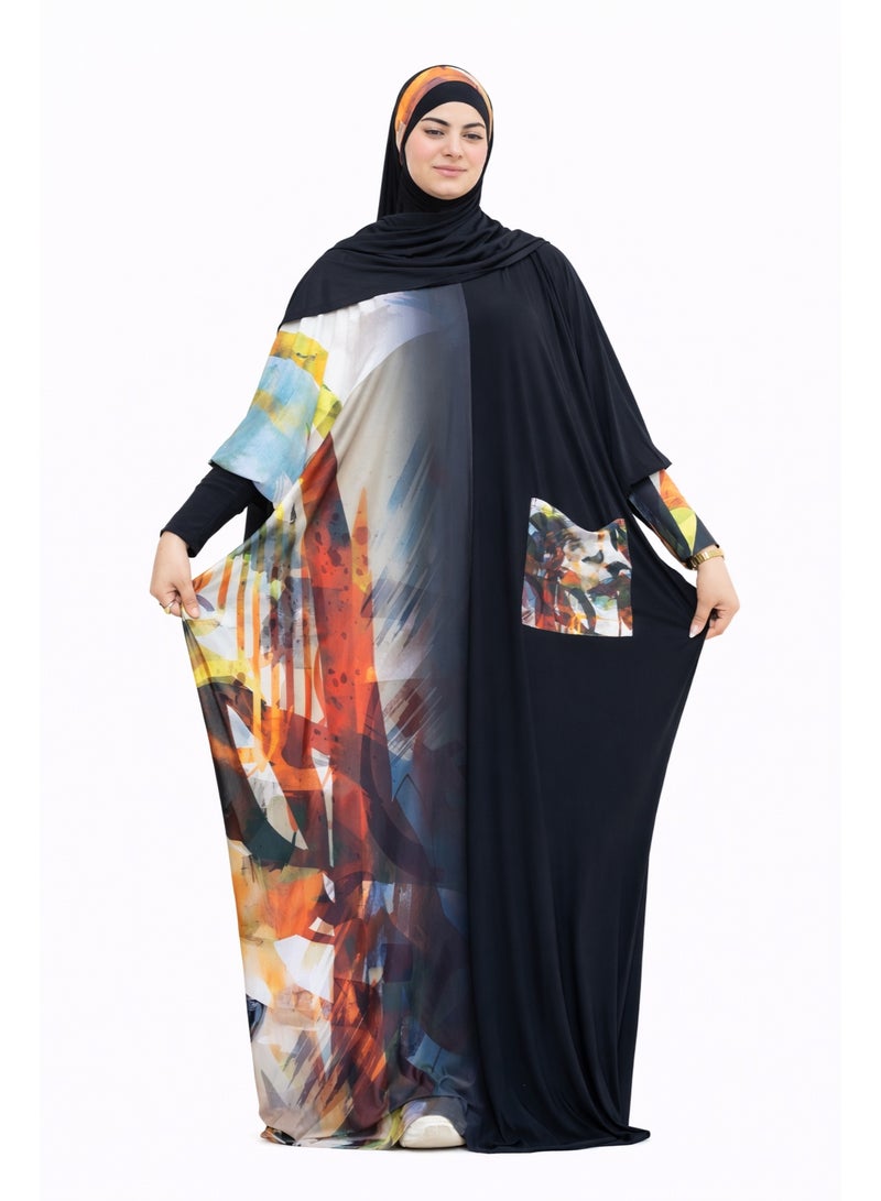 SATR HIJABI Women Printed Isdal Prayer Set – Full Coverage 2-Piece Prayer Outfit with Pocket, Soft Breathable Modest Islamic Wear Black Multi Color - Image 1