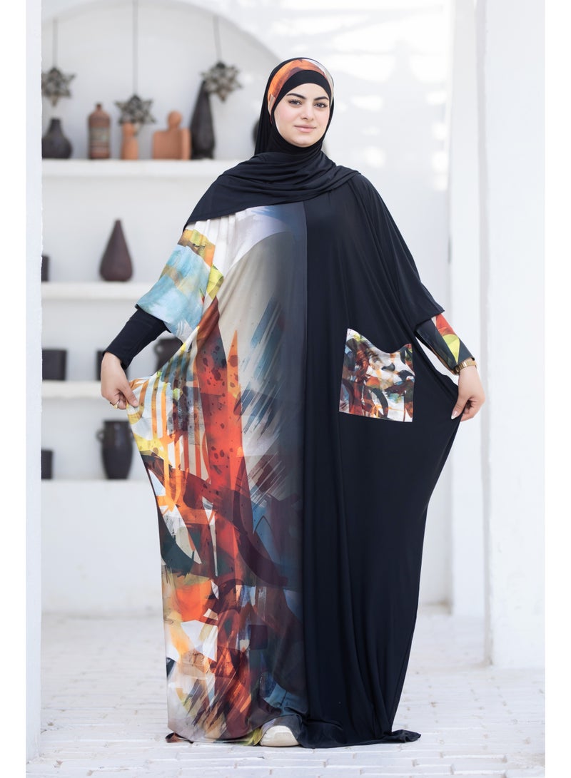 SATR HIJABI Women Printed Isdal Prayer Set – Full Coverage 2-Piece Prayer Outfit with Pocket, Soft Breathable Modest Islamic Wear Black Multi Color - Image 2