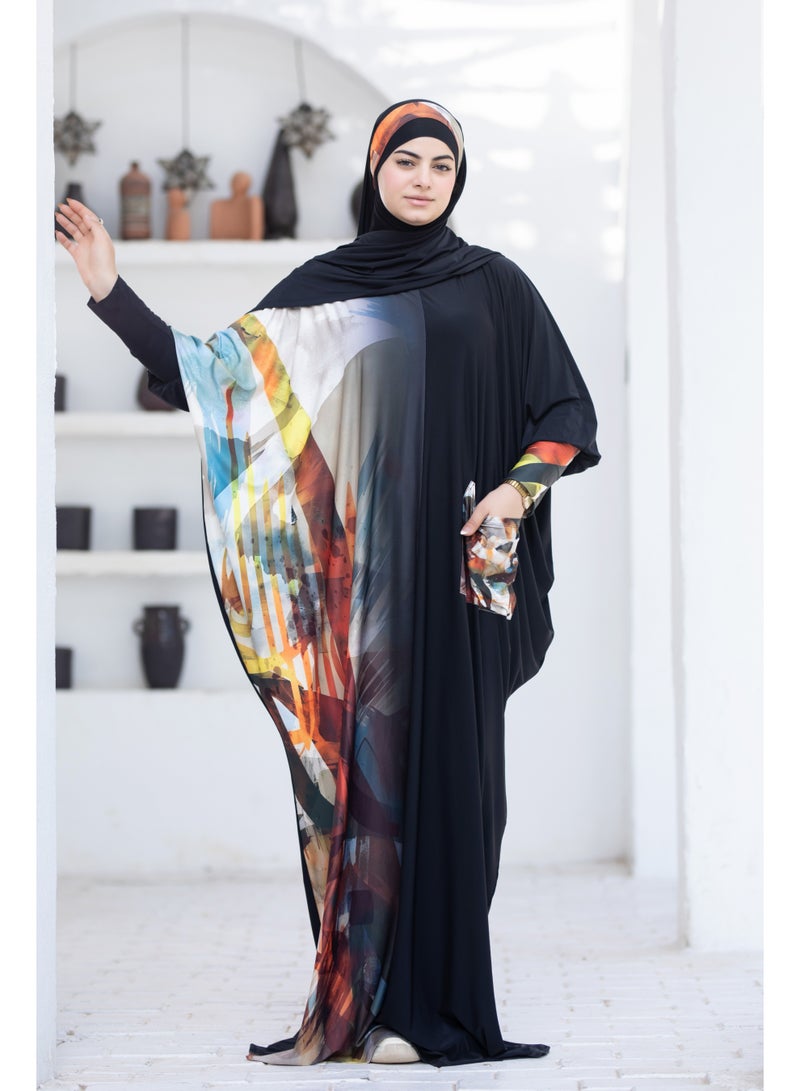 SATR HIJABI Women Printed Isdal Prayer Set – Full Coverage 2-Piece Prayer Outfit with Pocket, Soft Breathable Modest Islamic Wear Black Multi Color - Image 3