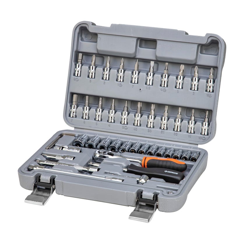 Groz 1/4" Drive 46 Pcs Hand Socket Set with Chrome Vandium Finish | ISO CERTIFIED | Hex Socket Set for Garages, DIY, Workshops, Professional Use | DIN 3120 | KIT/HSK/1-4/46 - Image 1