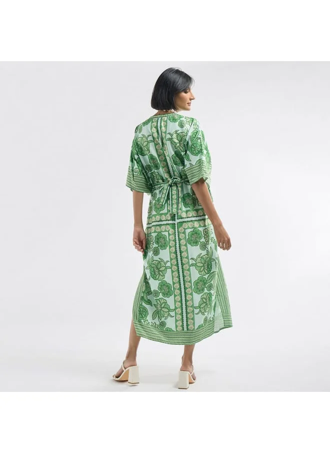 Splash FAV All-Over Floral Print V-neck Kaftan Dress with Tie-Up Belt and Slit Detail