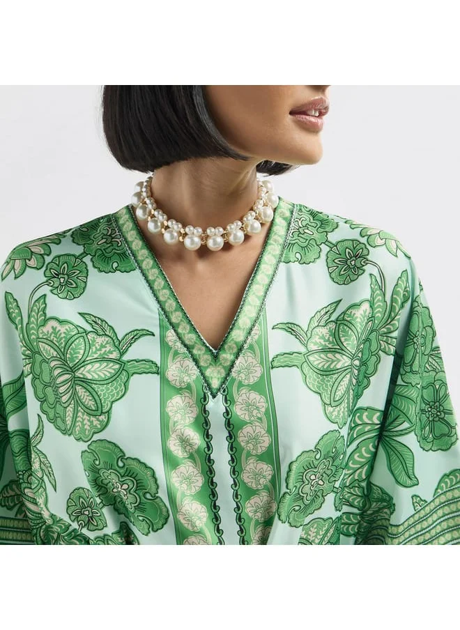 Splash FAV All-Over Floral Print V-neck Kaftan Dress with Tie-Up Belt and Slit Detail